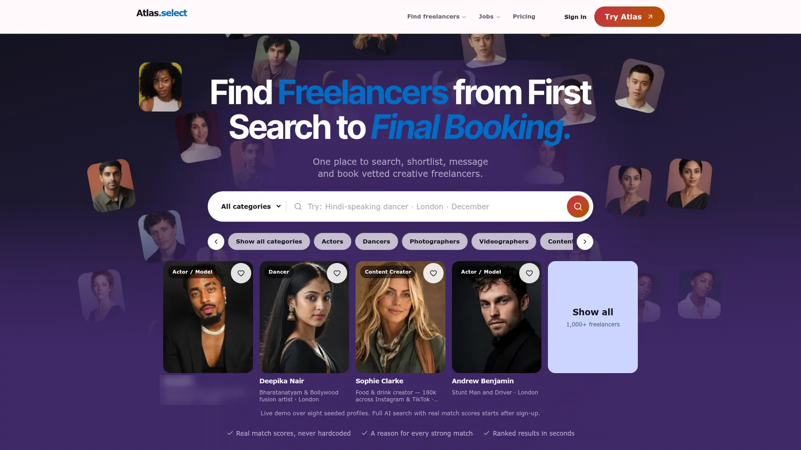 Atlas homepage with the headline Find freelancers from first search to final booking and featured freelancer cards