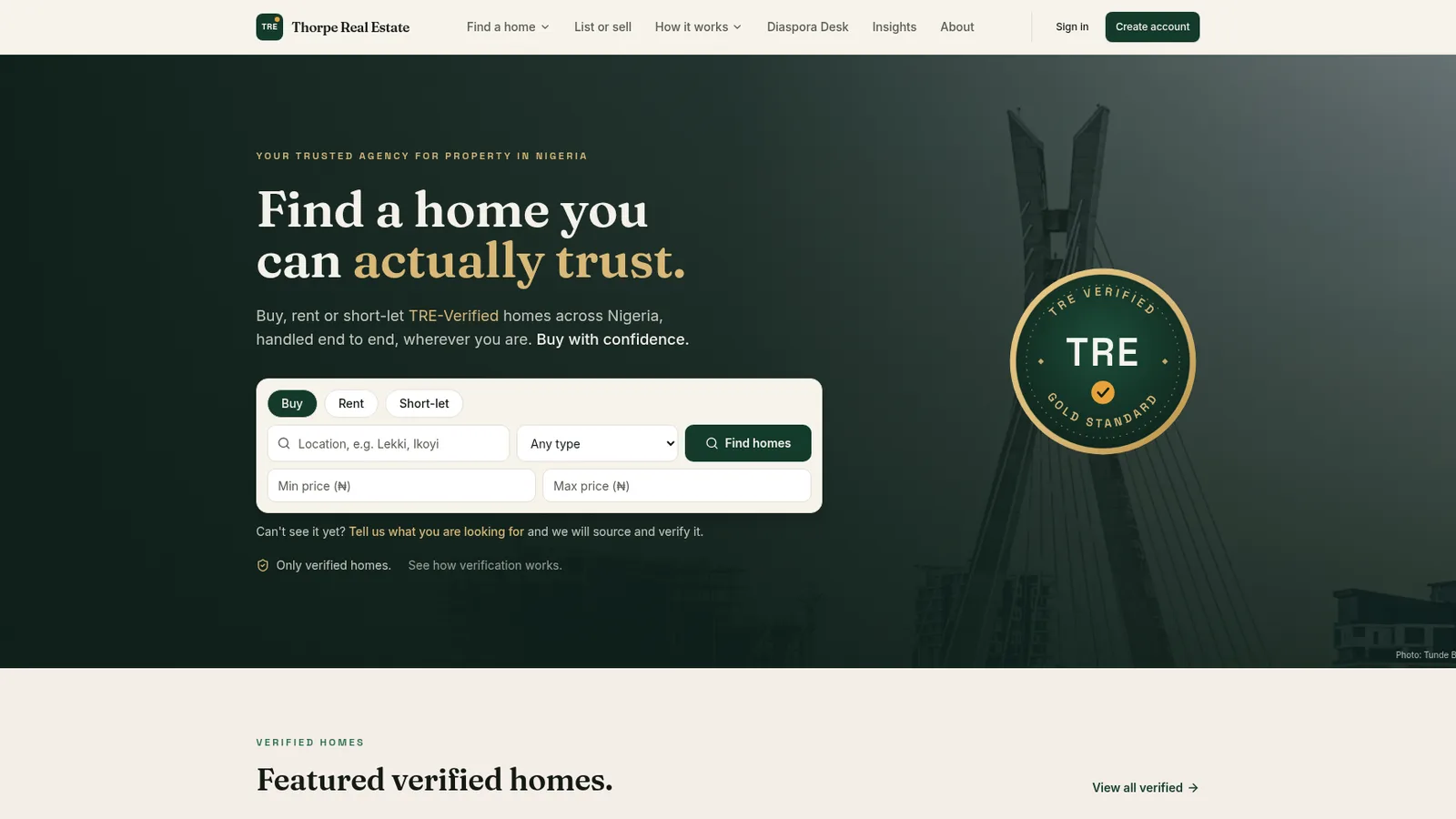 Thorpe Real Estate homepage with the headline Find a home you can actually trust, a property search panel and the TRE Verified seal